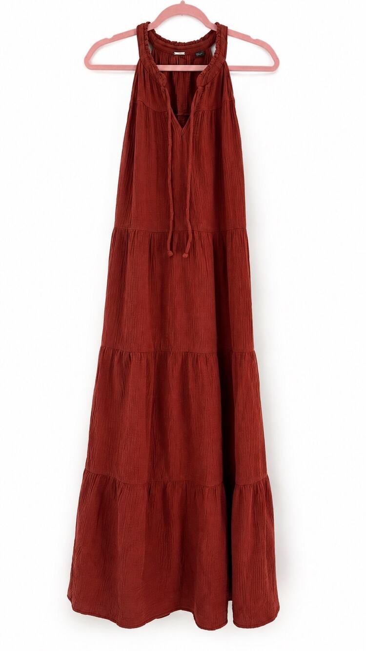 T Tahari Small Rust Gauze Tiered Maxi Dress Boho Romantic Cottagecore Fall